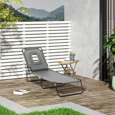 Outsunny Adjustable Outdoor Lounge Chair, Garden Folding Chaise Lounge with Face Hole Reclining Tanning Chair Seat, Folding Camping Beach Lounging Bed w/ Support Pillow, Grey