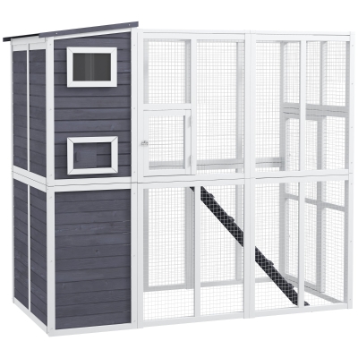 PawHut Wooden Outdoor Catio, Light Gray with Platforms & Ramps