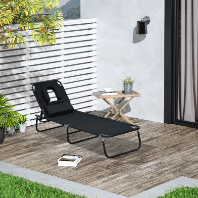 Outsunny Folding Outdoor Lounge Chair, Portable Reclining Beach Lounger with Face Hole, Detachable Pillow, 4-Position Adjustable Backrest, For Patio, Garden, Poolside, Black