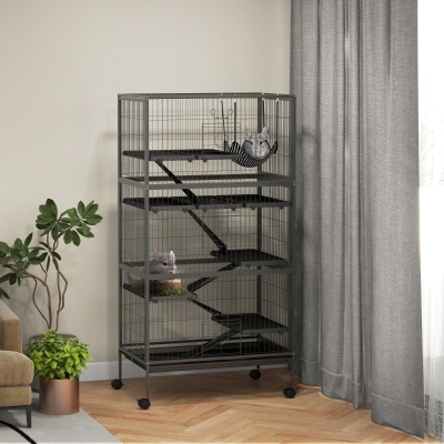 PawHut 6-Tier Rolling Small Animal Cage, Deluxe Rabbit Cage, Ferret Cage for Mink Chinchilla Kitten Rabbit Charcoal Grey