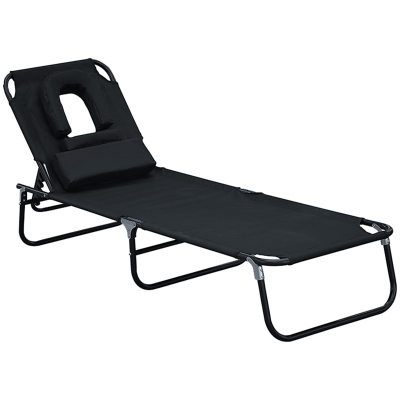 Outsunny Folding Outdoor Lounge Chair, Portable Reclining Beach Lounger with Face Hole, Detachable Pillow, 4-Position Adjustable Backrest, For Patio, Garden, Poolside, Black