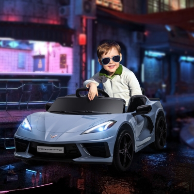 Qaba 12V Kids Electric Car Corvette Licensed w/ Remote Control, Suspension System, Music, Headlight, Slow Start, Light Blue