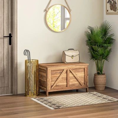 HOMCOM Farmhouse Storage Chest with Lift Top & Safety Hinge, Brown Oak