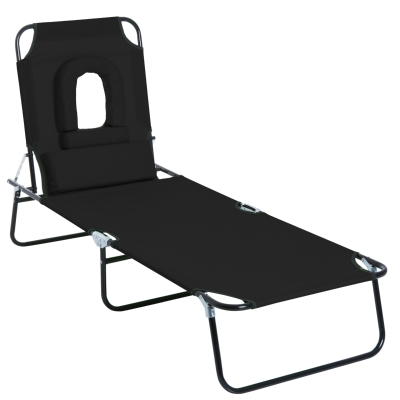 Outsunny Adjustable Outdoor Lounge Chair, Garden Folding Chaise Lounge with Face Hole Reclining Tanning Chair Seat, Folding Camping Beach Lounging Bed w/ Support Pillow, Black