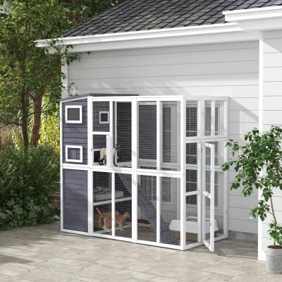 PawHut Wooden Outdoor Catio, Light Gray with Platforms & Ramps