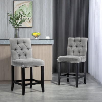 HOMCOM Fabric Bar Stool Set of 2, Tall 25.6" Seat Height Bar Chairs with Tufted Back & Wood Legs, Light Grey