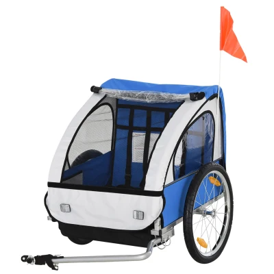 Aosom Double Bike Trailer for Kids Baby Toddler 80lbs Load w/ Steel Frame, 5-Point Safety Belts, Universal Bicycle Connect, Reflectors, Red Flag, Waterproof Cover, Blue