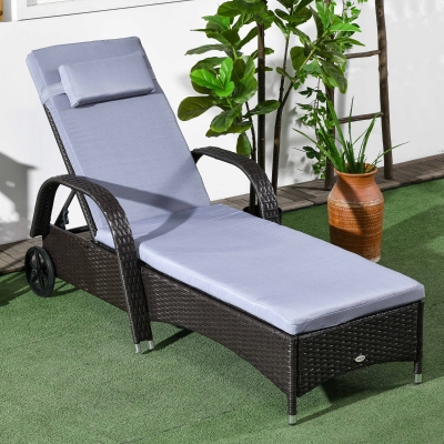 Outsunny Outdoor Lounger, Deck Lounge Chair with Headrest, 5-Level Adjustable, Backrest, Wheels, Deep Coffee and Silver Grey