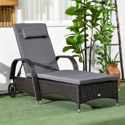 Outsunny Outdoor Lounger, Deck Lounge Chair with Headrest, 5-Level Adjustable, Backrest, Wheels, Deep Coffee and Med Grey