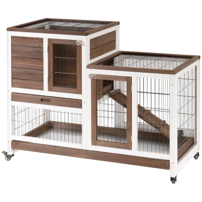 PawHut Wooden Rabbit Hutch, Indoor Bunny Cage with Wheels, Pull Out Trays, Run, Brown