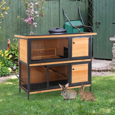 PawHut 48" 2-Story Rabbit Hutch, Wooden Pet House, Outdoor/Indoor