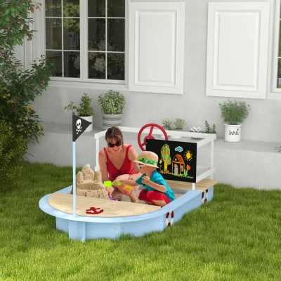 Outsunny Pirate Ship Wooden Sandbox for Kids, Blue