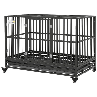 PawHut 48" Heavy Duty Dog Crate, Metal Kennel with Wheels, Gray