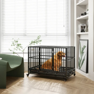 PawHut 48" Heavy Duty Dog Crate, Metal Kennel with Wheels, Gray