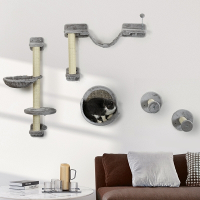 PawHut 5PCs Cat Wall Shelves with Hammock, Scratching Posts, Perches, Ladder, for Indoor Cats, Light Grey