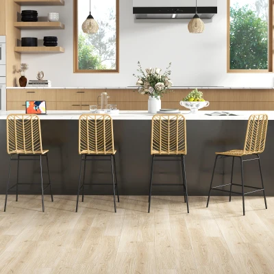HOMCOM Set of 4 Rattan Barstools with Steel Legs, Yellow
