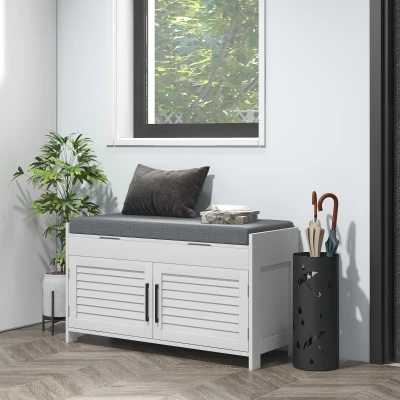 HOMCOM White Shoe Storage Bench with Cushion & Hidden Compartments