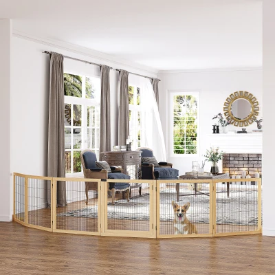 PawHut 6-Panel Folding Pet Gate, Natural Wood Barrier