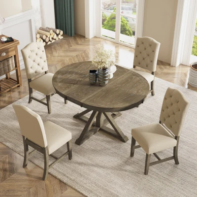 Retro Style Dining Table Set with Extendable Table and 4 Upholstered Chairs, Natural Wood Wash