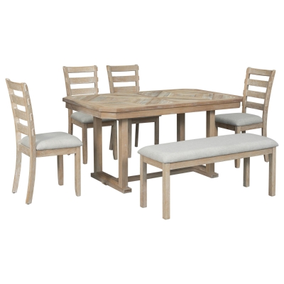 6-Piece Rubber Wood Dining Table Set with Wood Grain Pattern, Natural Wood Wash