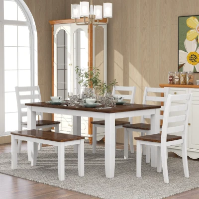 Rustic Style 6-Piece Dining Room Table Set with Ergonomic Chairs and Bench, Walnut