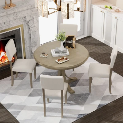 5-Piece Retro Round Dining Table Set with Curved Trestle Legs and 4 Upholstered Chairs, Taupe