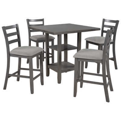 5-Piece Wooden Counter Height Dining Set with Padded Chairs and Storage Shelving, Gray
