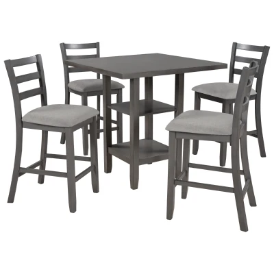 5-Piece Wooden Counter Height Dining Set with Padded Chairs and Storage Shelving, Gray