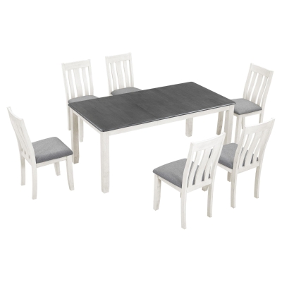 Retro Style 7-Piece Dining Table Set with Extendable Table, White+gray