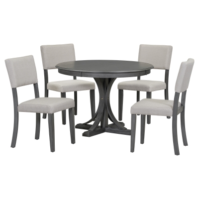 5-Piece Retro Round Dining Table Set with Curved Trestle Legs, Dark Gray