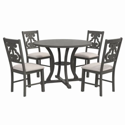 5-Piece Round Dining Table and Chair Set with Special-Shaped Legs, Gray