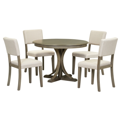 5-Piece Retro Round Dining Table Set with Curved Trestle Legs and 4 Upholstered Chairs, Taupe