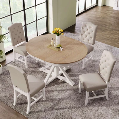 Retro Style Dining Table Set with Extendable Table and 4 Upholstered Chairs, Oak Natural Wood + OFF White