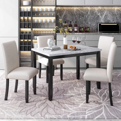 5-Piece Faux Marble Dining Set with 4 Cushioned Chairs, White