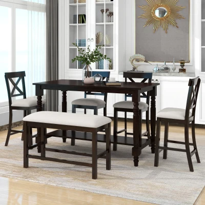 6-Piece Counter Height Dining Table Set with Shelf, Espresso