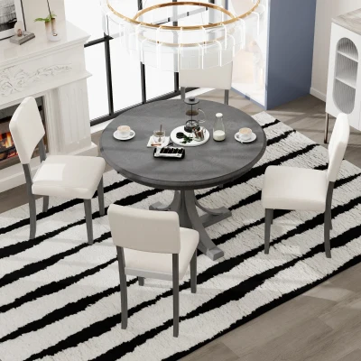 5-Piece Retro Round Dining Table Set with Curved Trestle Legs, Dark Gray