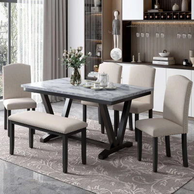 Modern 6-Piece Dining Table Set with 4 Upholstered Chairs and Bench, White