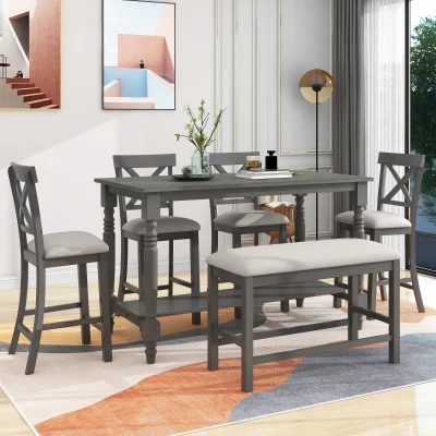 6-Piece Counter Height Dining Table Set with Shelf, Gray