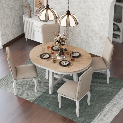 5-Piece Farmhouse Dining Table Set, Oak Natural Wood + Antique White