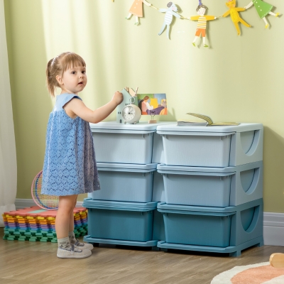 Qaba 3 Tier Kids Toy Organizer and Storage Bins with 6 Plastic Drawers, Blue