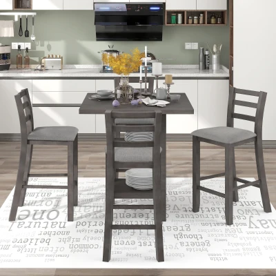 5-Piece Wooden Counter Height Dining Set with Padded Chairs and Storage Shelving, Gray