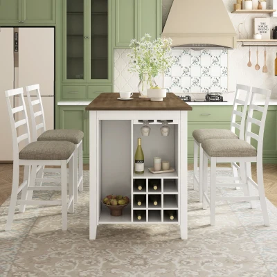 5-Piece Rubber Wood Counter Height Dining Set with Padded Chairs, Brown+Whitewash