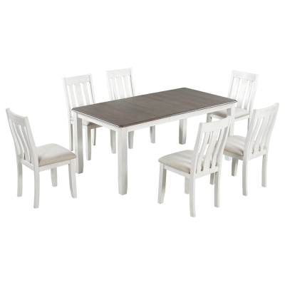 Retro Style 7-Piece Dining Table Set with Extendable Table, Brown+White
