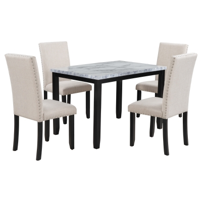 5-Piece Faux Marble Dining Set with 4 Cushioned Chairs, White