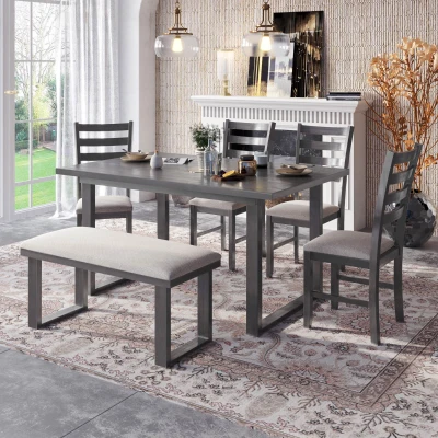 6-Piece Solid Wood Dining Room Set with Rectangular Table, Gray