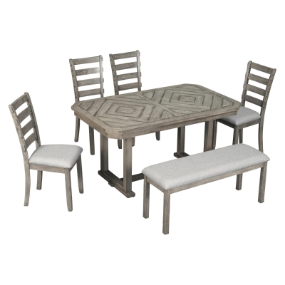 6-Piece Rubber Wood Dining Table Set with Beautiful Wood Grain Pattern, Gray