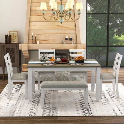 Rustic Style 6-Piece Dining Room Table Set with 4 Upholstered Chairs & Bench, Brown+Whitewash