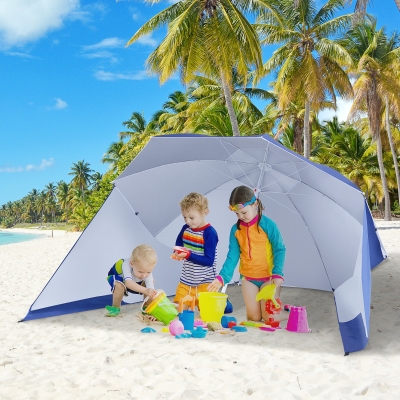 Outsunny 7.5FT 2-in-1 Beach Umbrella with Carry Bag, Umbrella Shelter with Silver Coated UPF50+ UV Protection and Adjustable Height for Camping, Fishing, Backyard, Blue