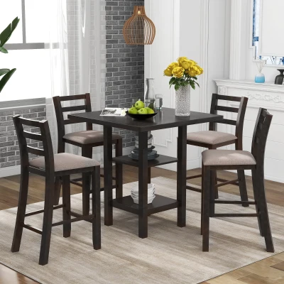5-Piece Wooden Counter Height Dining Set with Padded Chairs and Storage Shelving, Espresso