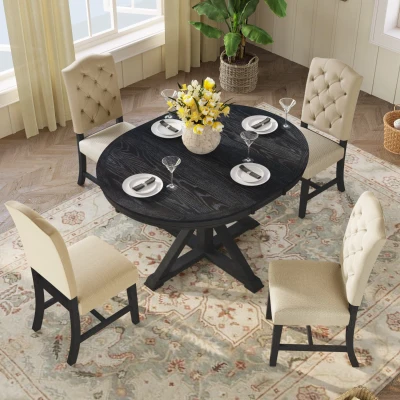 Retro Style Dining Table Set with Extendable Table and 4 Upholstered Chairs, Espresso